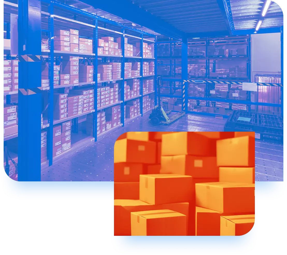 A warehouse and boxes being stored
