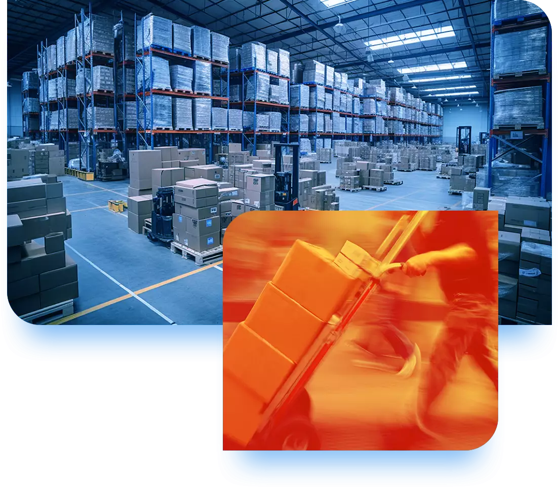 An image of a warehouse and a delivery guy